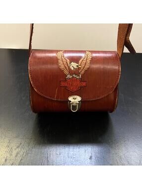 VTG Harley-Davidson Brown Leather Saddle Bag with Eagle Embroidered Emblem